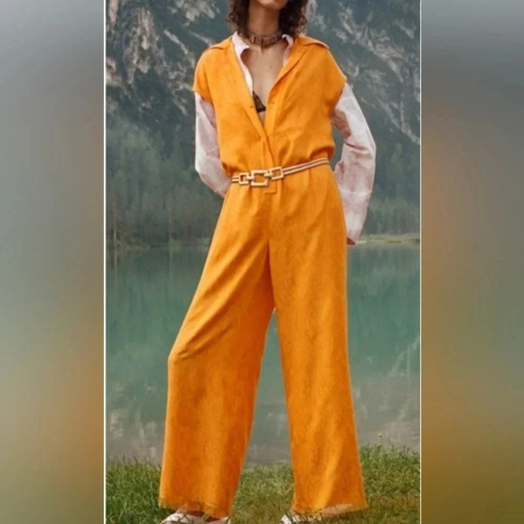 Zara textured ankle jumpsuit jacquard collared raw hem orange size xs - Picture 2 of 10